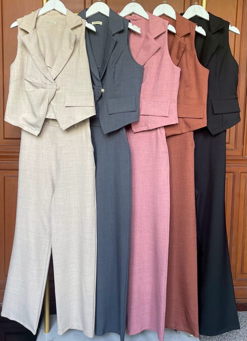 Two piece Sleeveless Turn Down Collar Waist Coat Style with Trouser